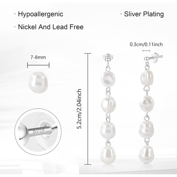 Silver Baroque Pearl Drop Dangle Long Tassel Wedding Bridal Earrings for Women - Picture 6 of 6